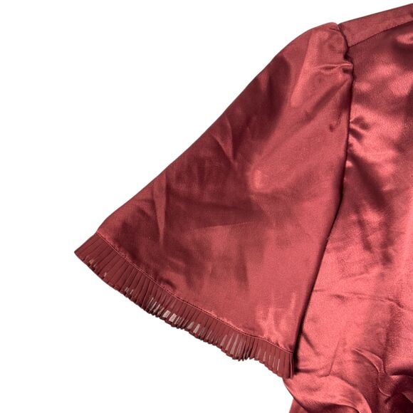 BCBG Max Azria Burgundy Satin Babydoll Wrap Flutter Sleeve Blouse Size Small - Picture 5 of 5